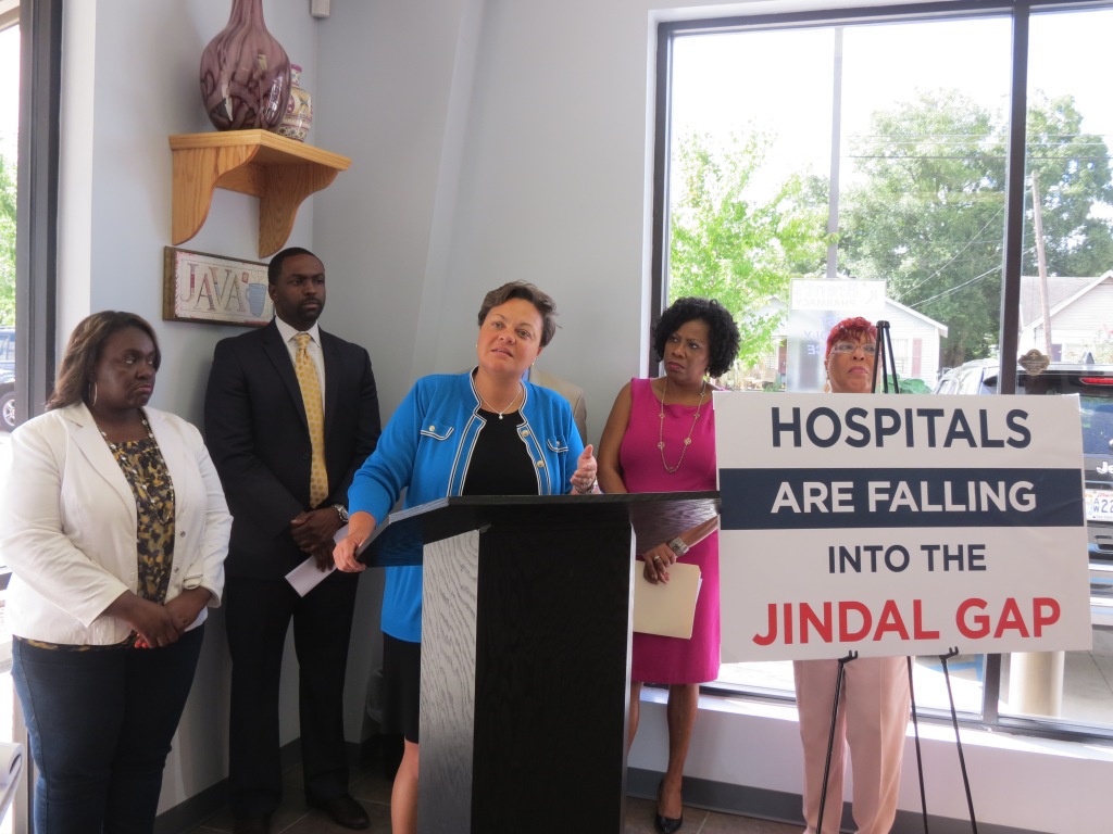 State Rep. Regina Barrow,  state Rep. Edward "Ted" James, state Sen. Karen Carter Peterson, state Sen. Sharon Weston Broome and state Rep. Patricia Haynes Smith call for action to prevent more hospitals from falling into the "Jindal Gap."